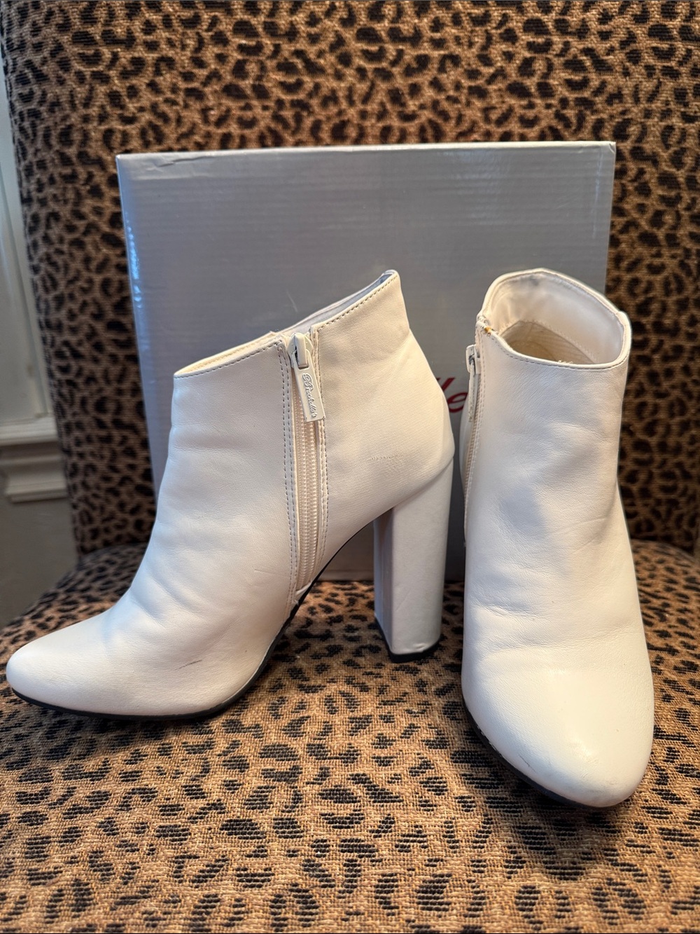 Breckelles White Leather Ankle Booties with 3” Block Heel